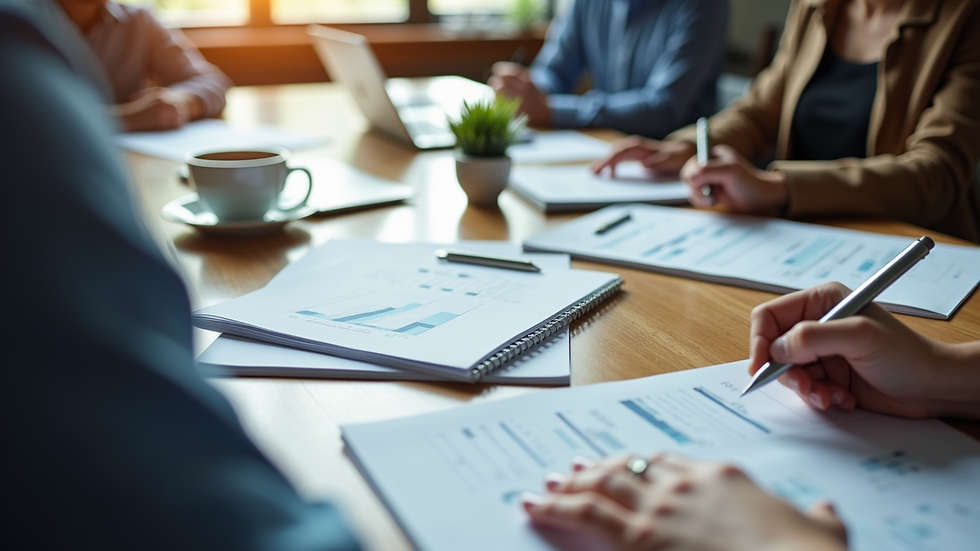 High angle view of a conference table with documents, laptops, and coffee cups during a strategic planning session