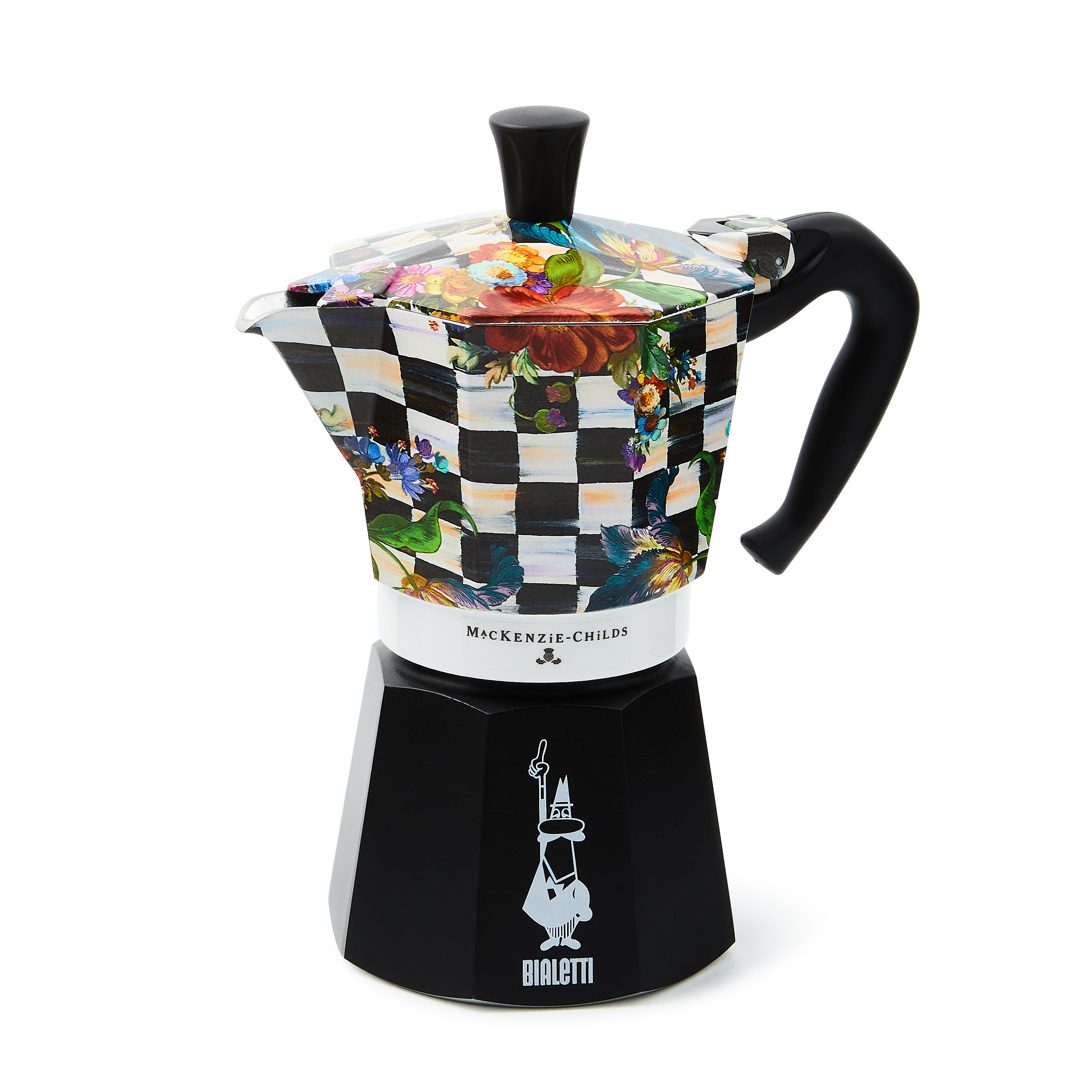 Mackenzie-Childs Courtly Check, Black and White Checked and Floral Moka pot (6 cups)