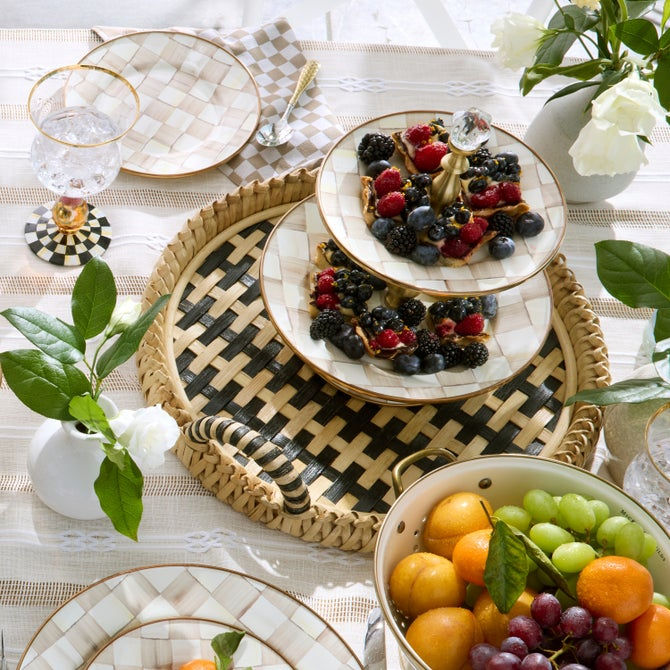 Thumbnail: Mackenzie-Childs Mocha Check, brown and white checked two tier sweet stand