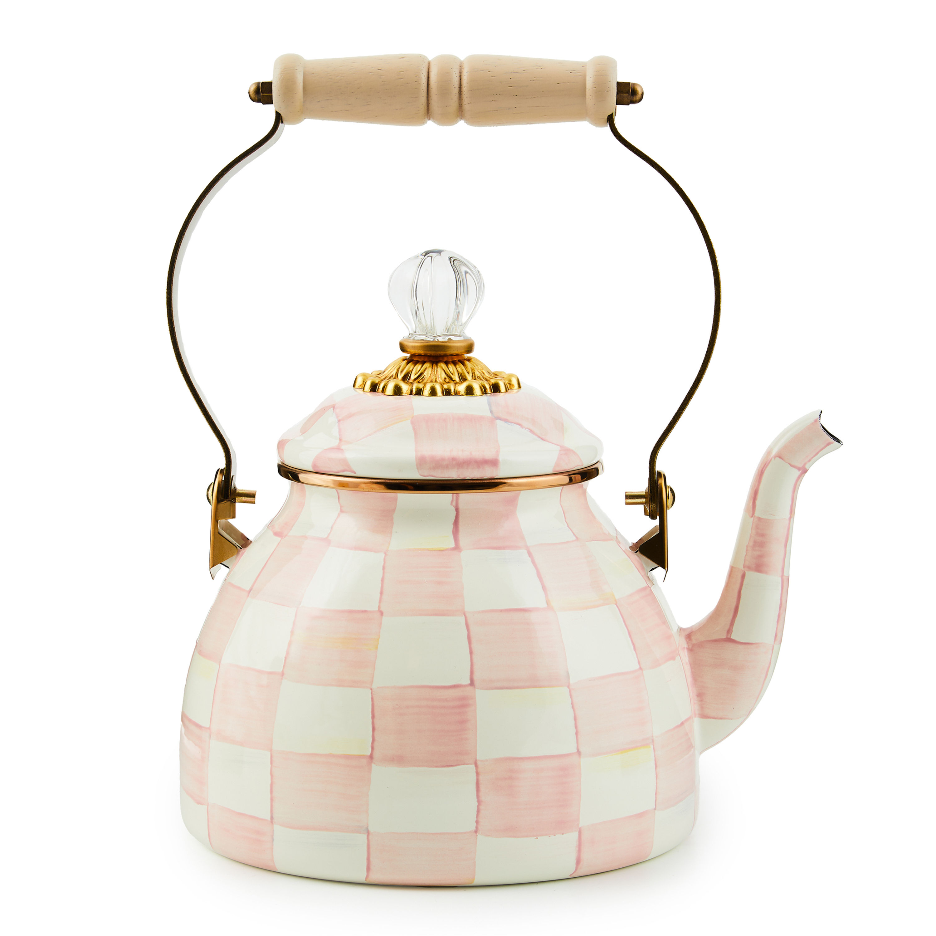 Mackenzie-Childs Rosy Check, pink and white checked 2qt tea kettle