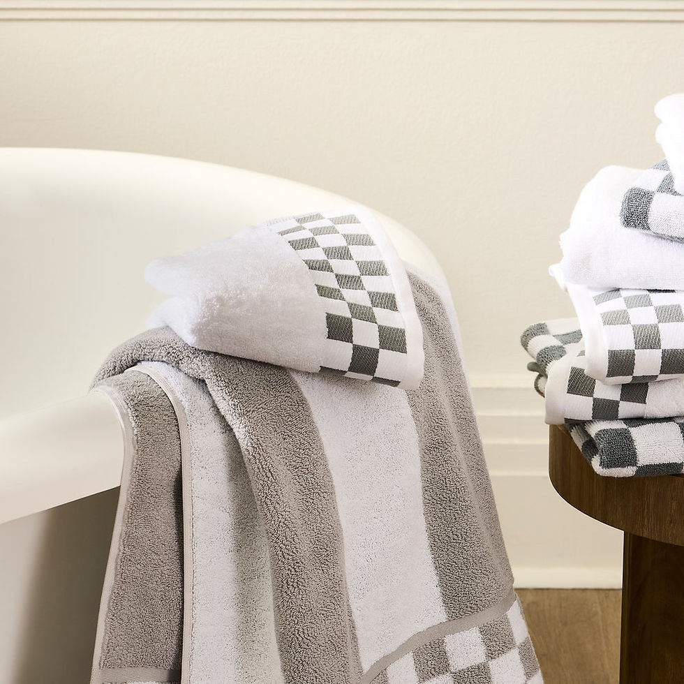 Thumbnail: MacKenzie-Childs Bath Towel with Grey Check Border