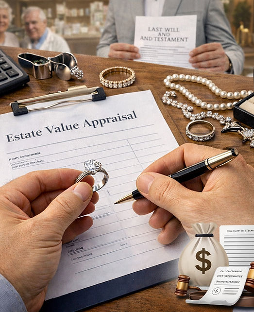 Close up of jewelry appraisal paperwork with rings and gemstones on an appraisal desk