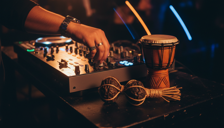 Close-up of a DJ hand adjusting a mixer beside a small carved drum.