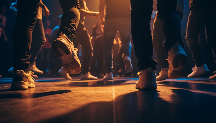 Low-angle view of trainers stepping across a club floor lit by warm colours.