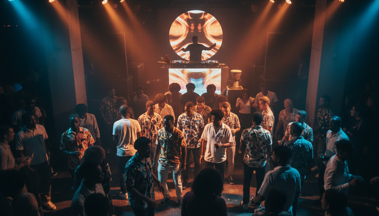 Wide-angle view of dancers moving under warm lights in a packed Afro-electronic club.