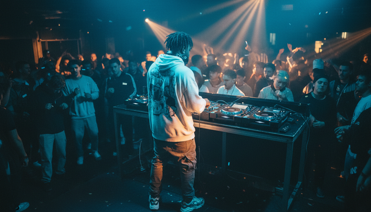 Eye-level view of a DJ playing to a late-night crowd with blue and amber lights.