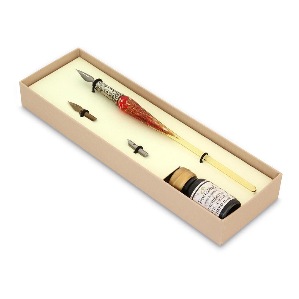 Set Penna Calligrafica in Vetro Murano e Boccetta d'inchiostro
