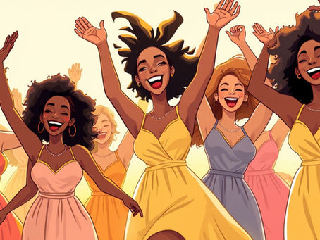 Joyful women dancing with raised arms and big smiles in warm golden light