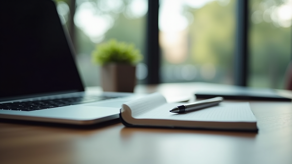 Eye-level view of a modern workspace with a laptop and notepad