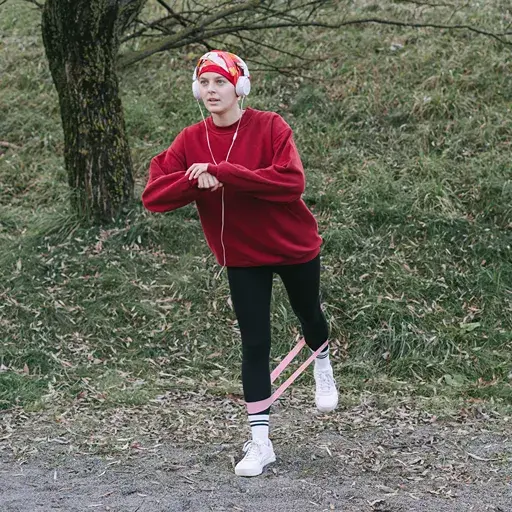 Woman in a red sweatshirt and headband exercises with a pink resistance band in a grassy park, looking focused.