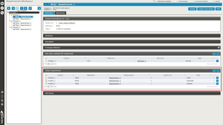 Drag and drop a requirement from the tree structure to link it to the requirement being viewed
