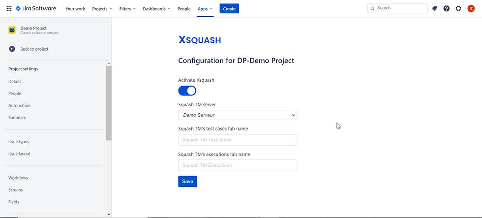 The configuration of Xsquash Cloud can be done individually at the scale of a Jira project from its settings page
