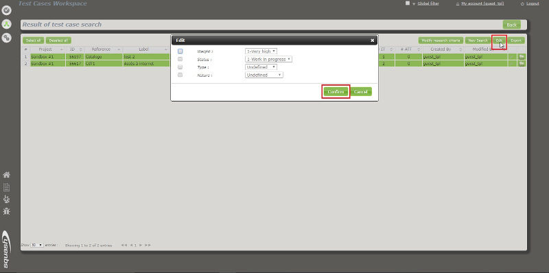 Searching for test cases in Squash allows you to modify their attributes directly from the results page