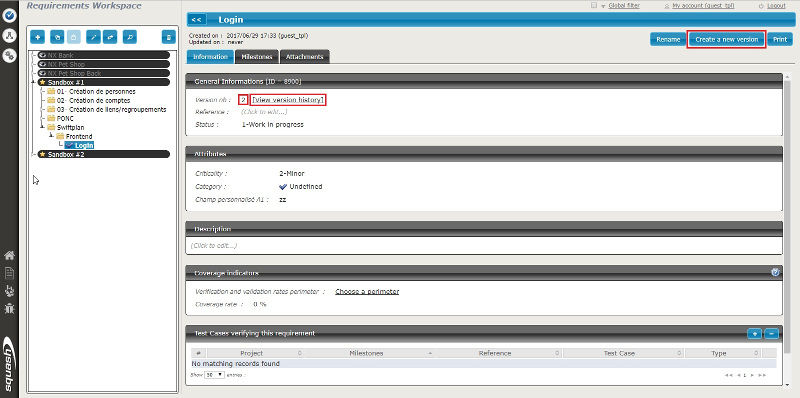 The requirement consultation page allows you to view the requirement number and version history and to create a new one