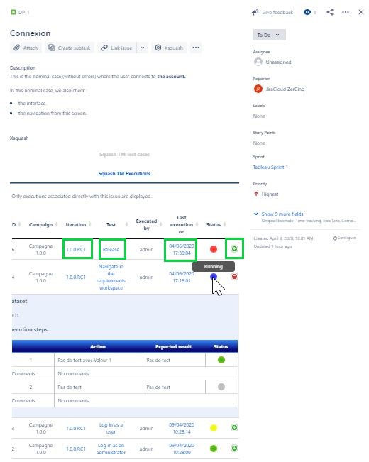 The Squash TM Executions tab allows to consult, in Jira, the data of each previously executed test case