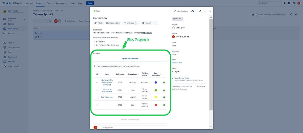 An Xsquash block appears in Jira to give details of test cases covering the synchronized requirement of the issue
