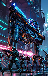 Leonardo_Anime_XL_a_cyberpunk_army_attacking_an_enemy_base_0.jpg