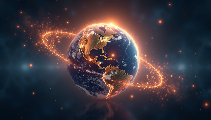 Eye-level view of a glowing celestial globe with Saturn and Neptune symbols aligned at Aries constellation