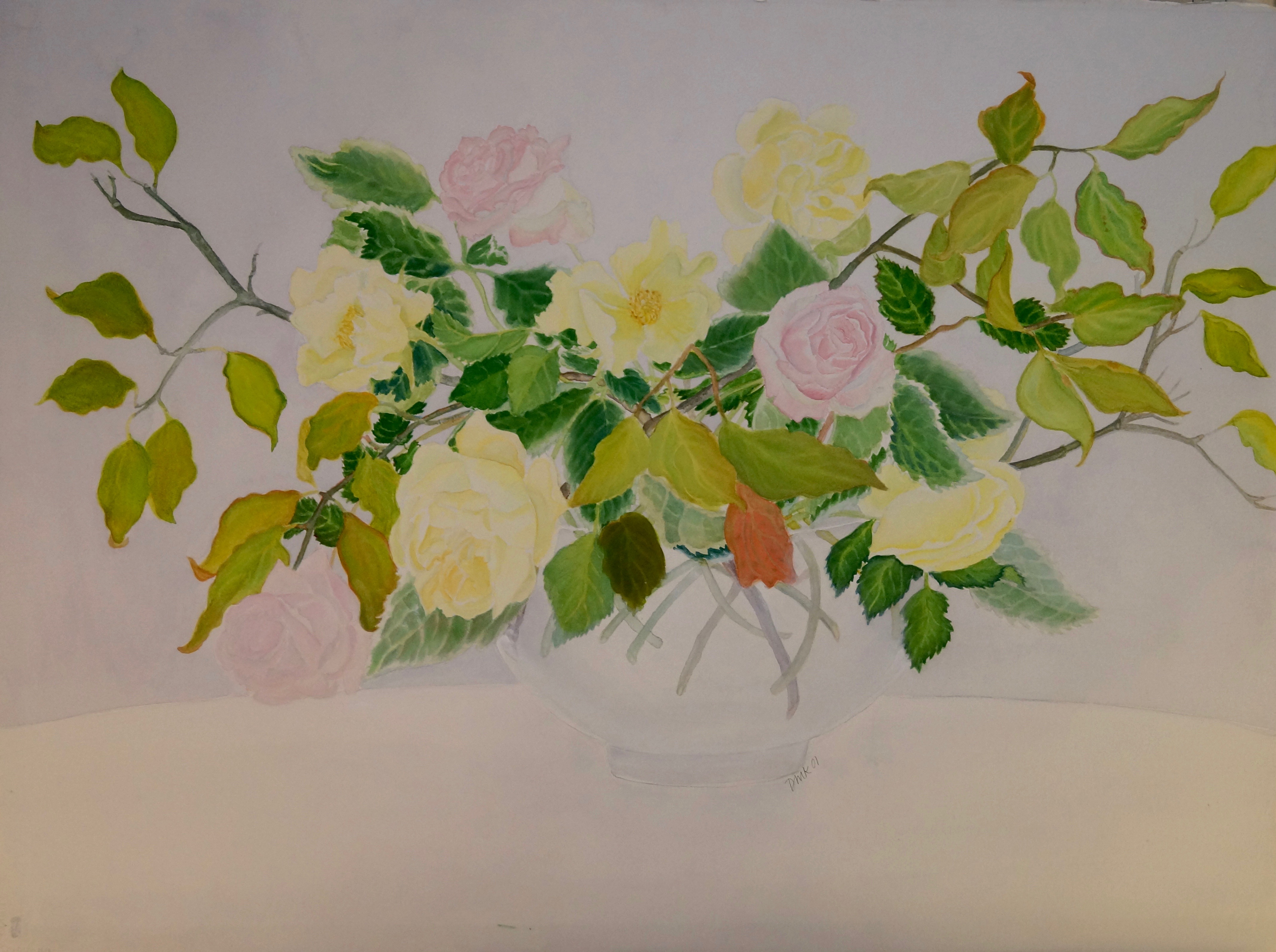 Yellow and Pink Roses in Glass Vase