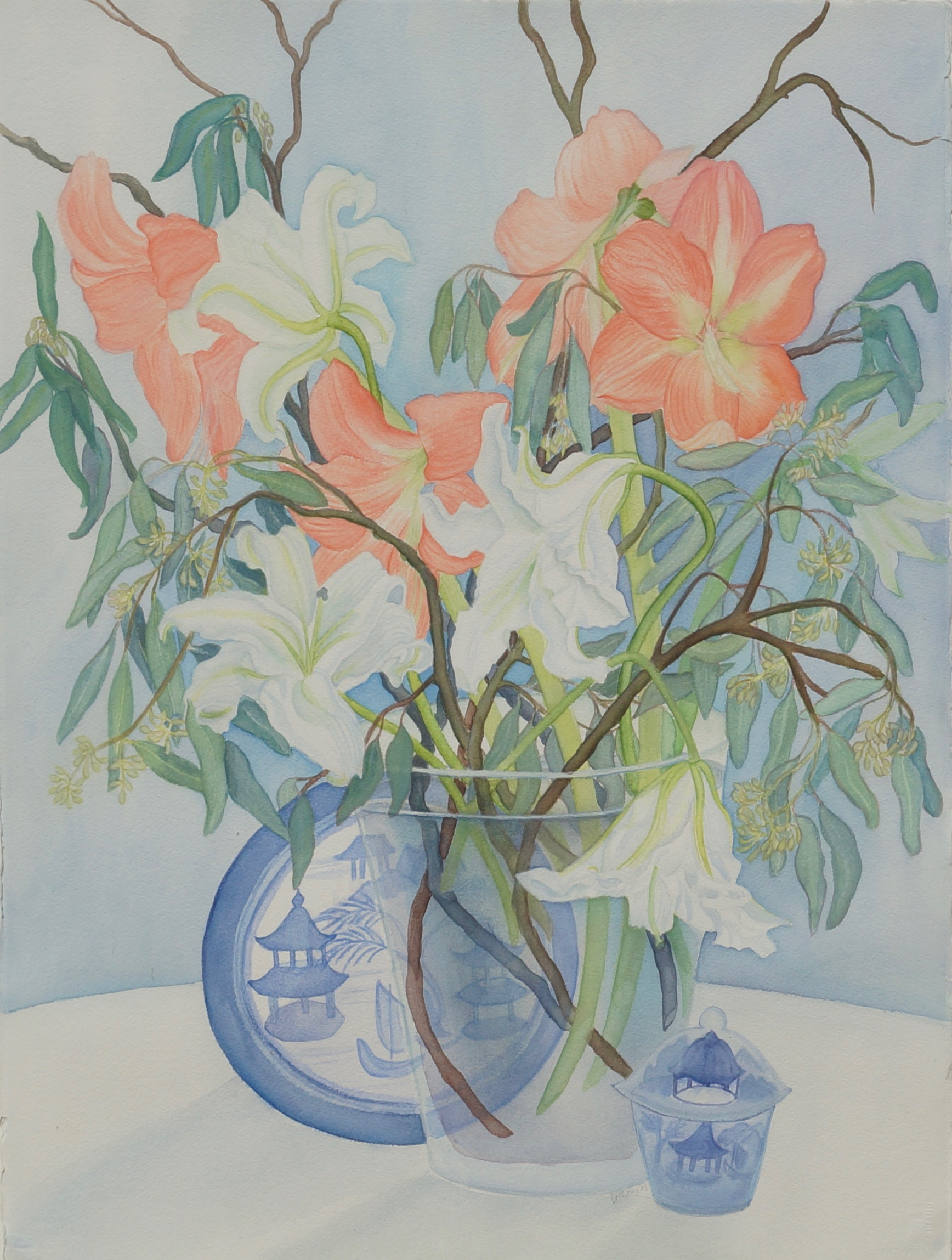 White Lilies and Peach Amaryllis