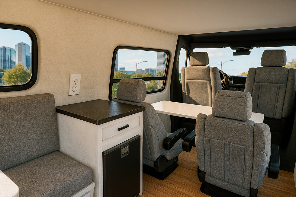 SWAT or command center mobile office van interior rendering with seating and fridge