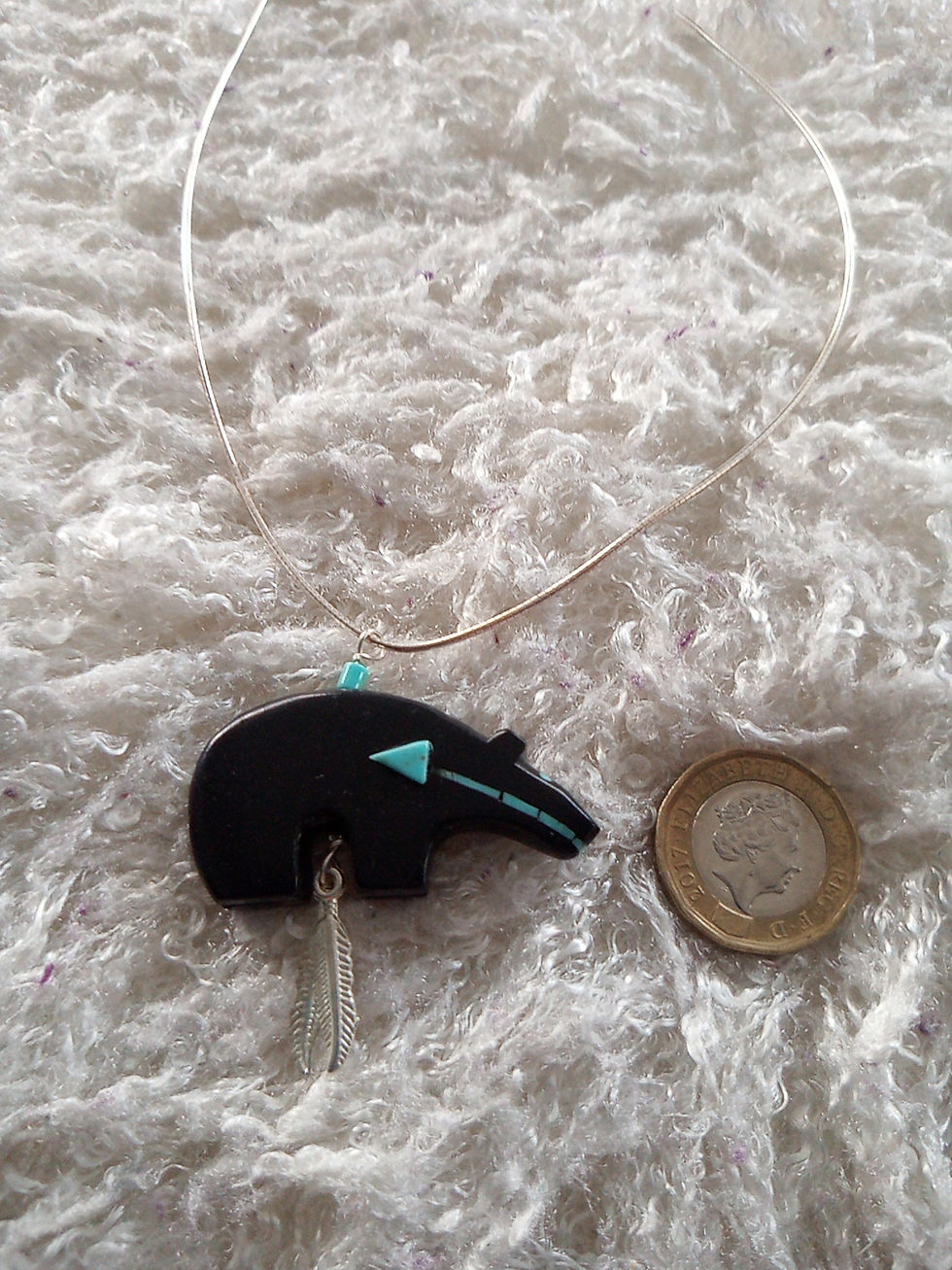 Thumbnail: 14" silver necklace and Bear pendant, jet & turquoise with 2 feathers