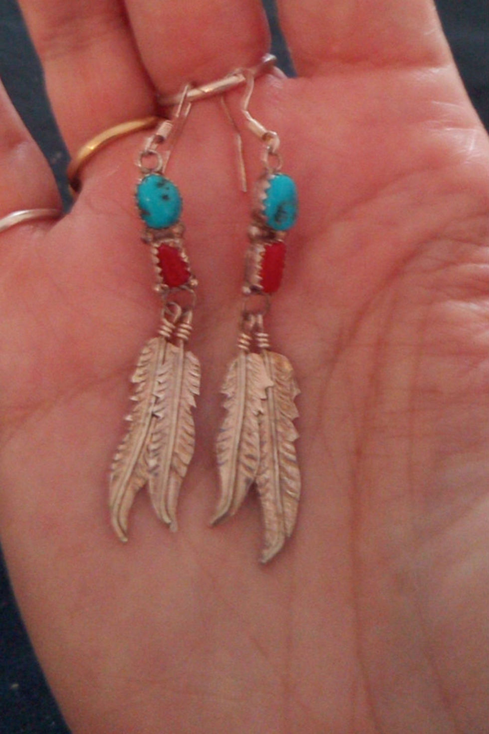 Thumbnail: Coral & turquoise silver earrings: 2 feather design
