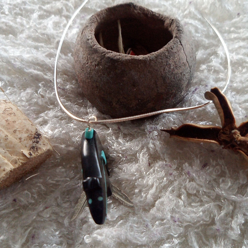 Thumbnail: 14" silver necklace and Bear pendant, jet & turquoise with 2 feathers