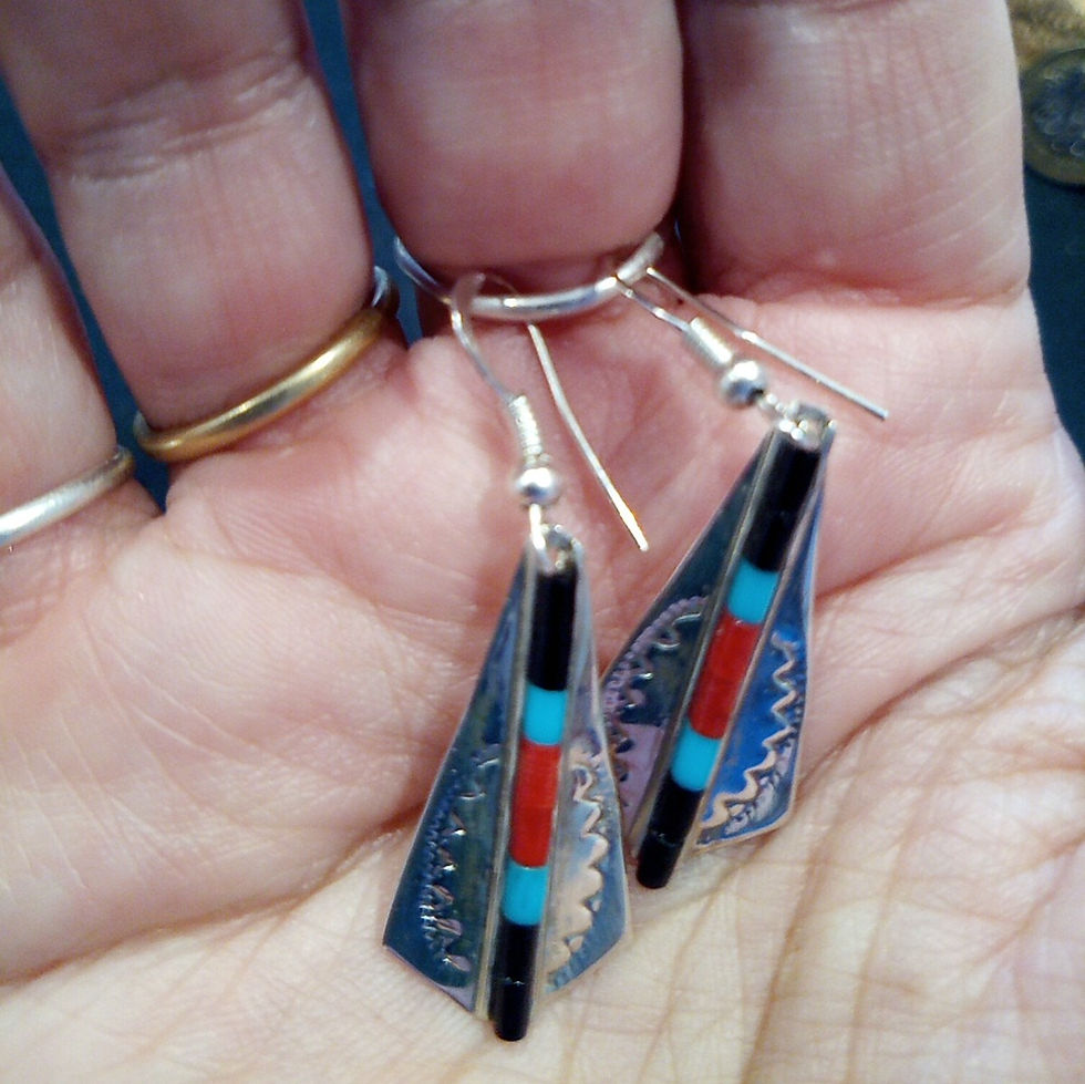 Thumbnail: Contemporary earrings: onyx, turquoise, coral & silver, feather design 