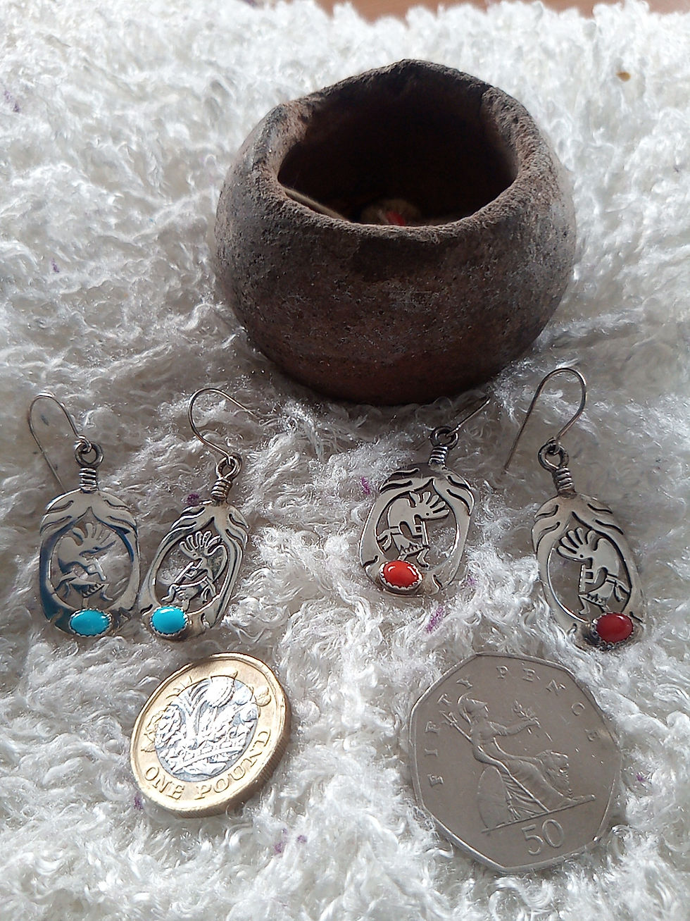 Thumbnail: Kokopelli earrings CORAL & silver ~ ELIGIBLE for "share the love "