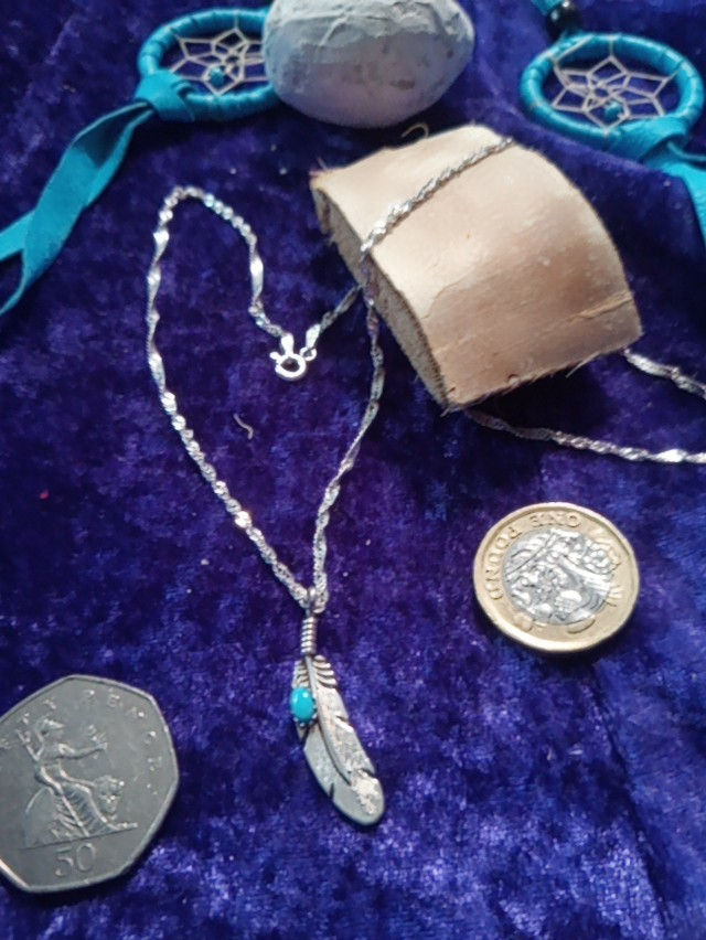 Thumbnail: Turquoise & Silver Feather pendant & 18" necklace ELIGIBLE for "share the love "