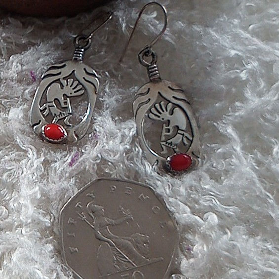 Thumbnail: Kokopelli earrings CORAL & silver ~ ELIGIBLE for "share the love "