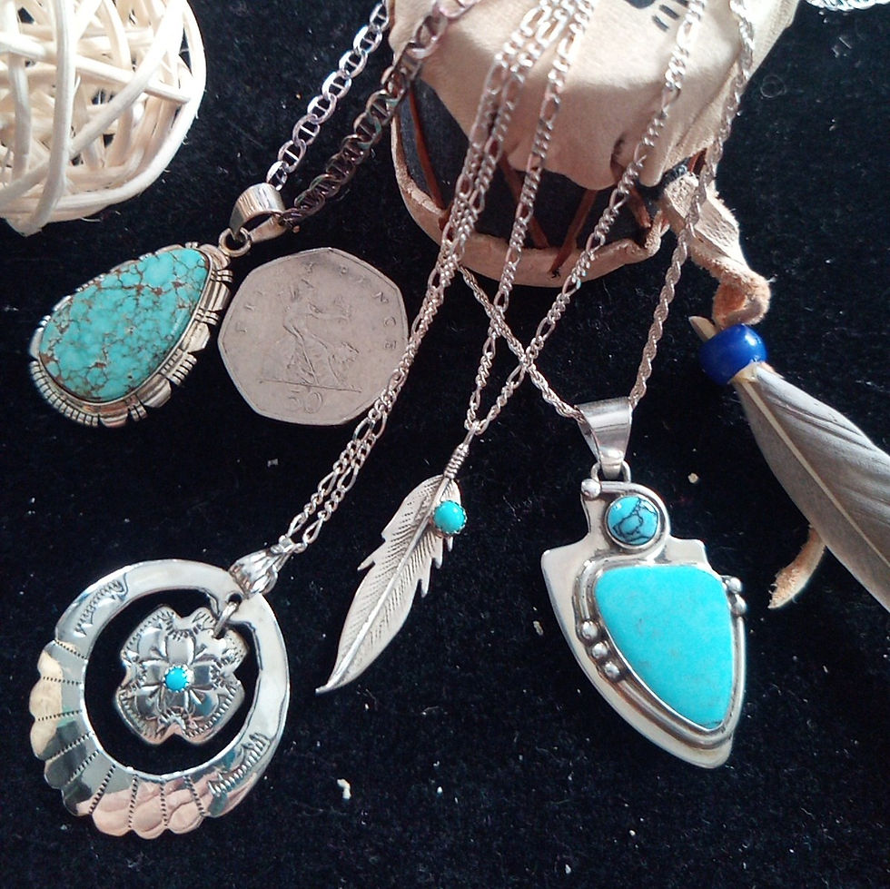Thumbnail: Turquoise & silver feather pendant & 18" necklace