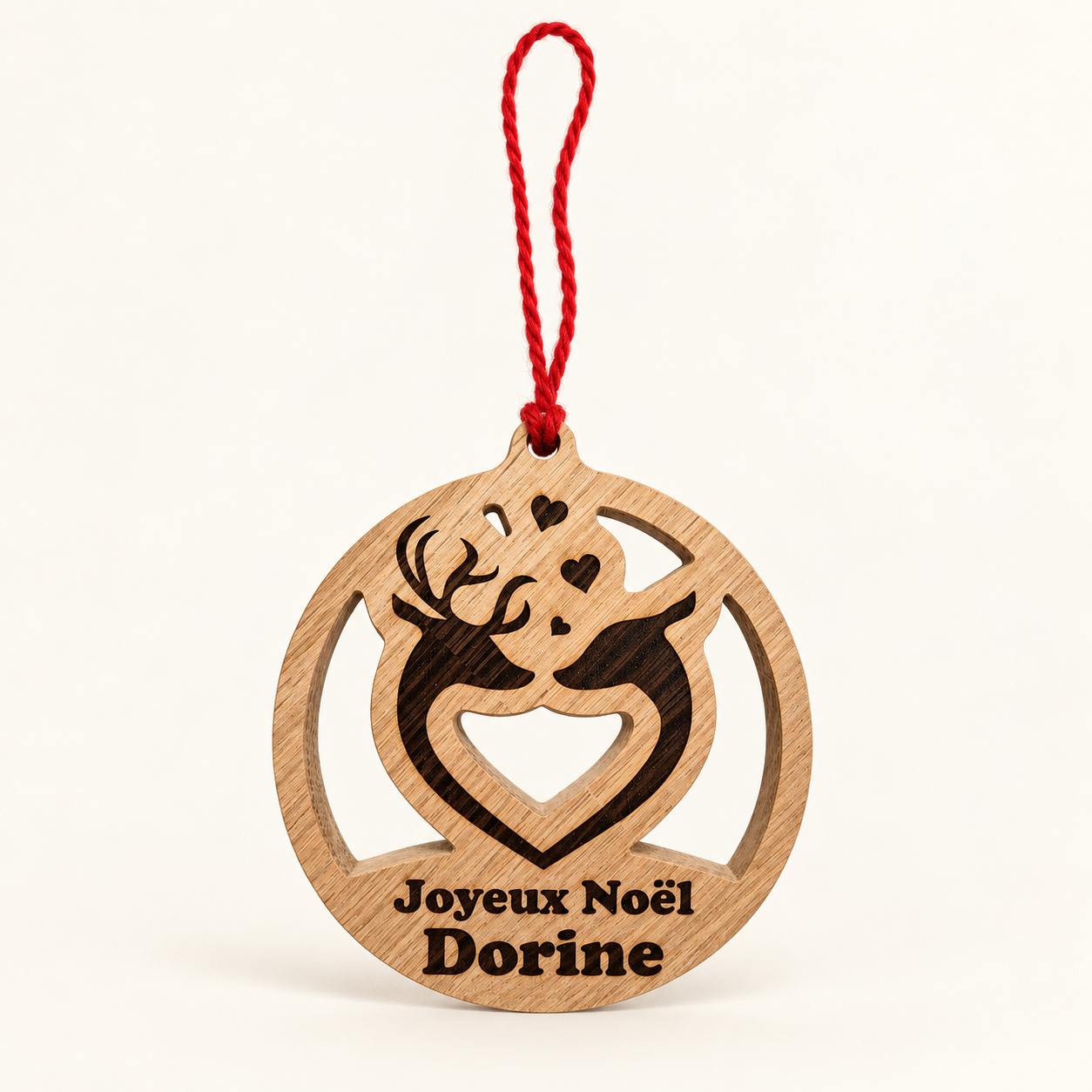 Boule de Noël personnalisée en bois Couple de cerfs avec prénom