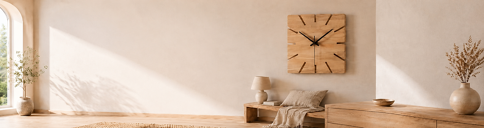 Horloge murale carrée en bois massif dans un intérieur naturel et lumineux