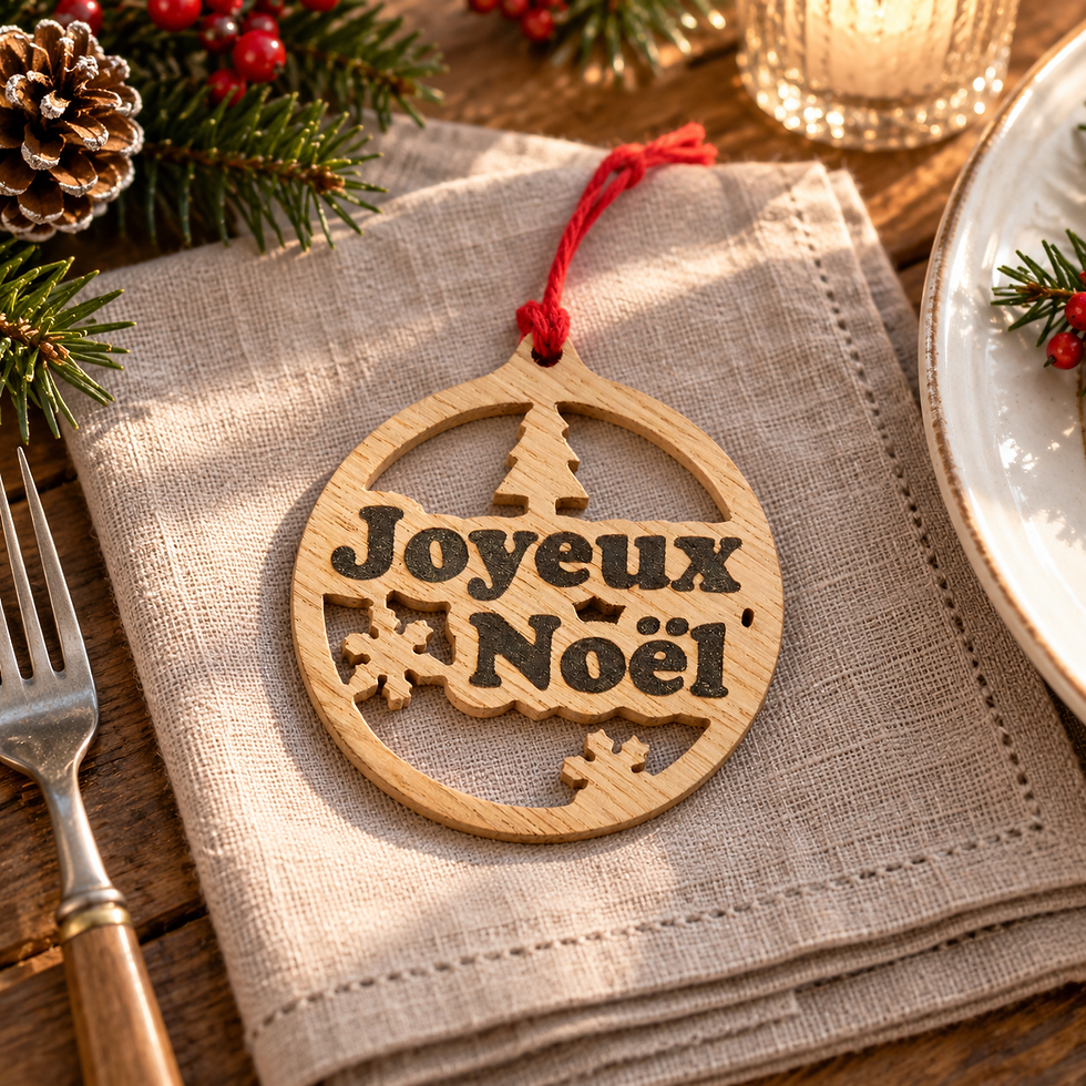 Miniature : Décoration de Noël Joyeux Noël en chêne présentée sur une table de fête.