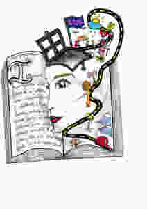 Drawing of a face coming out of a book with a road circling the right side of the face.