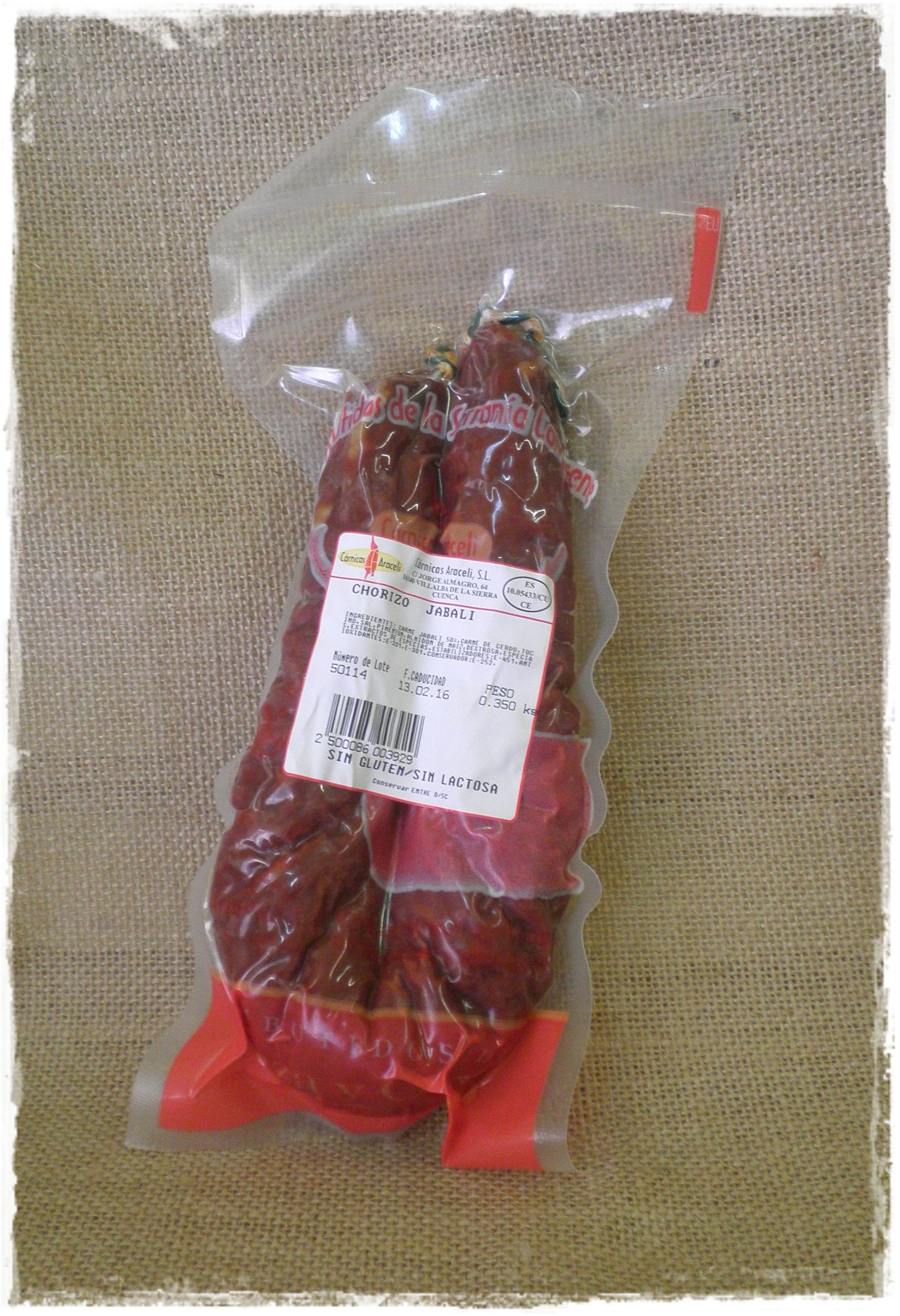 Chorizo Curado de Jabalí.Sarta de 350 Grs. Aprox.