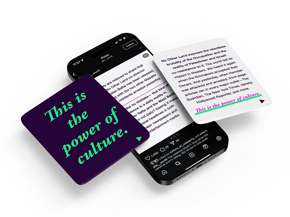 פוסט דוגמה מהאיסטגרםשל אלבי: 'זוהי עוצמת התרבות' מציג את השפעת הסרט 'אין ארץ אחרת' על המודעות למצב בפלסטין