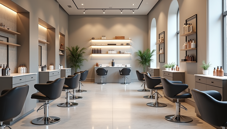 Eye-level view of a modern London hair clinic interior with sleek styling chairs and hair care products