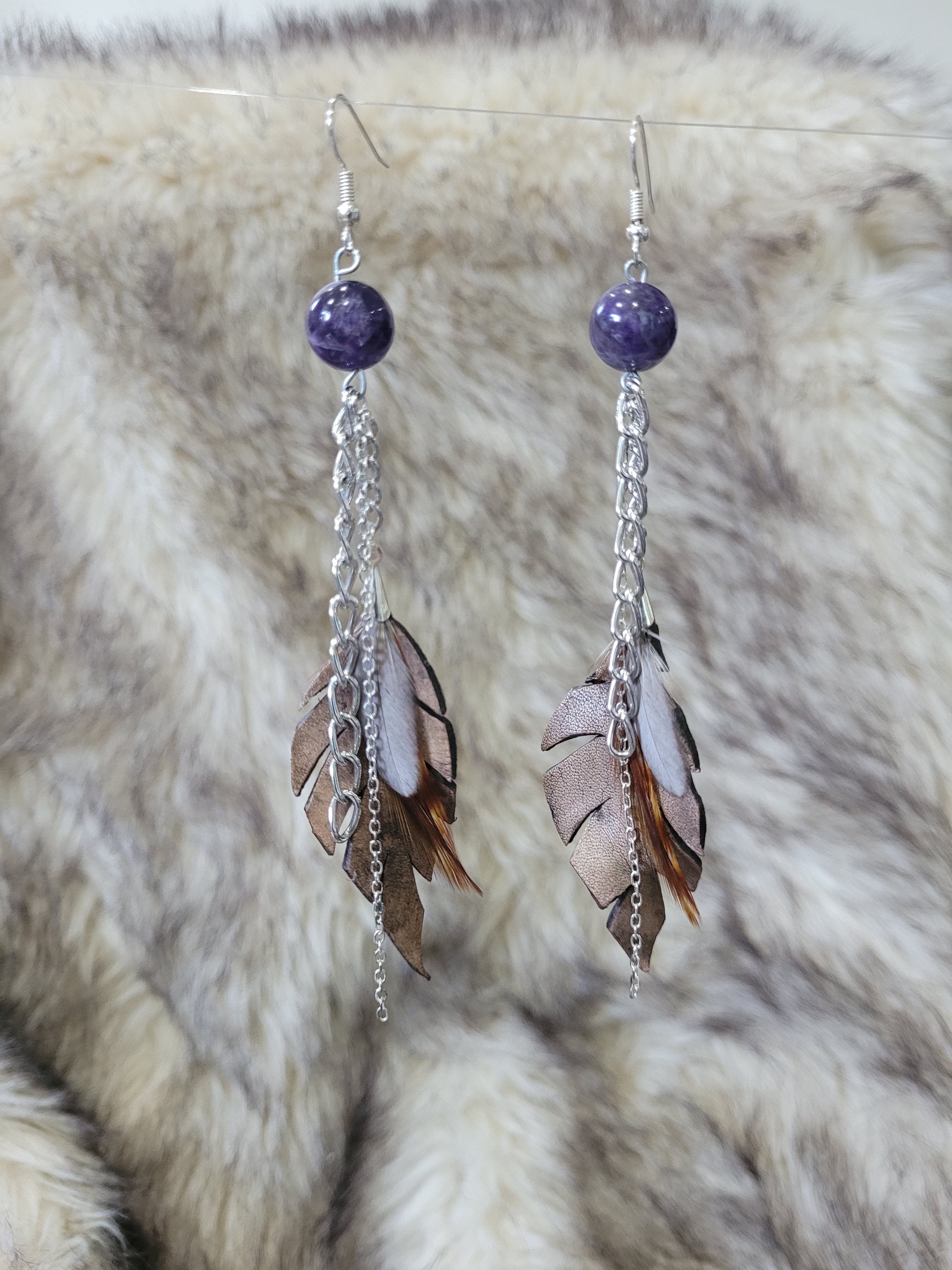 Handmade Brown Leather Feather, Purple Amethyst, and Feather Earrings