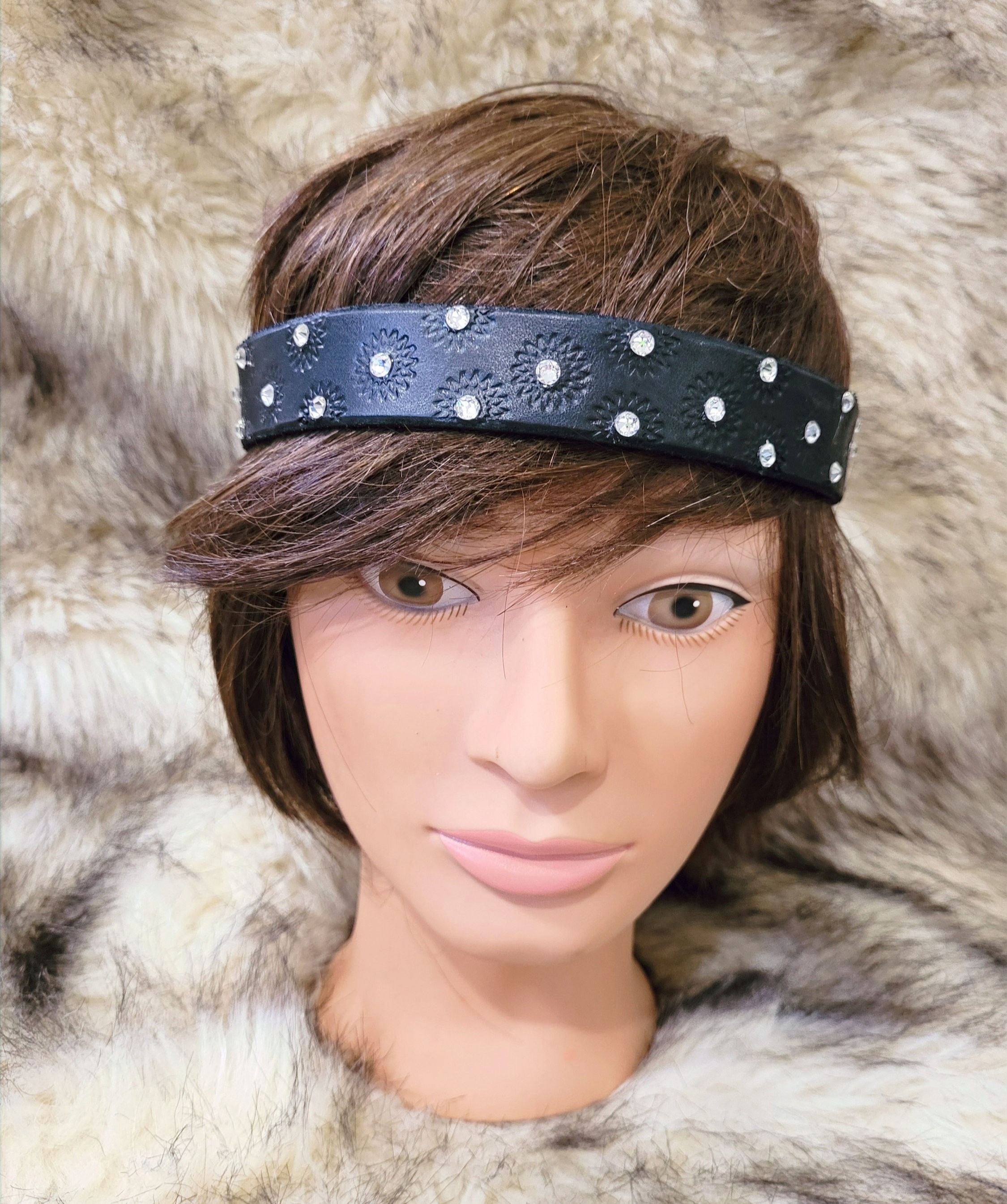 Handmade Black Leather Headband With Decorative Swarovski Crystals