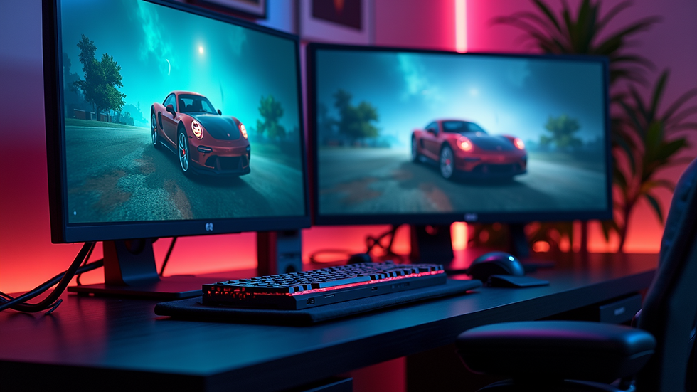 High angle view of a gaming setup featuring multiple monitors and a powerful graphics card