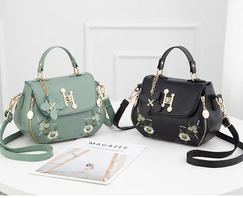 Thumbnail: Black Floral Embroidered Twist Lock Satchel Bag Pearl Decor