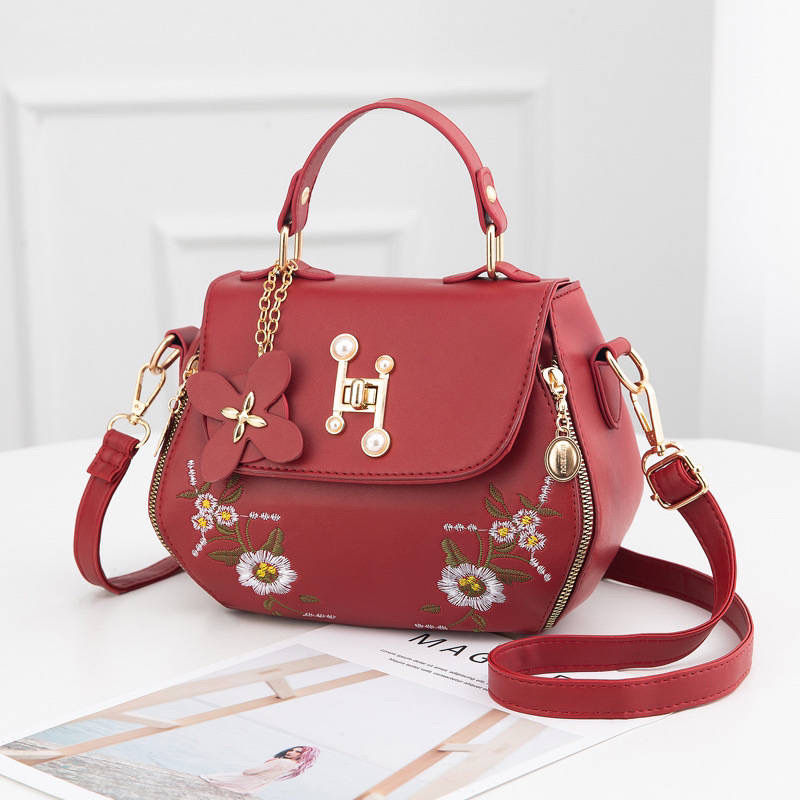 Red Floral Embroidered Twist Lock Satchel Bag Pearl Decor