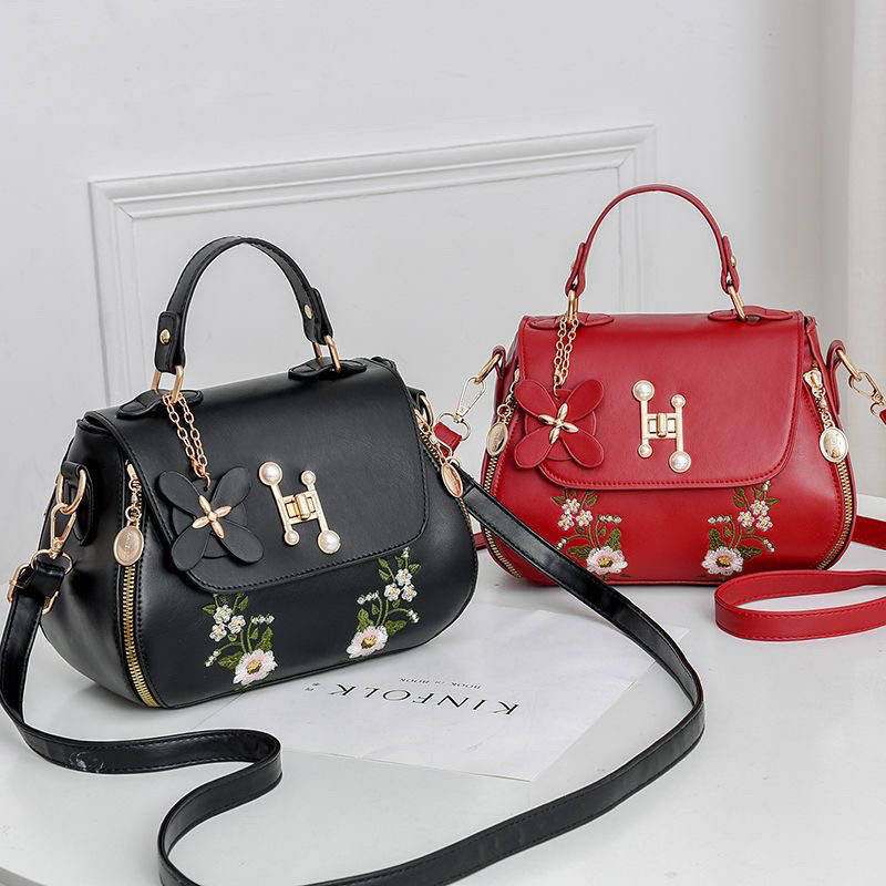 Thumbnail: Red Floral Embroidered Twist Lock Satchel Bag Pearl Decor