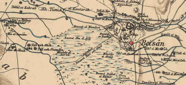 מפת הקרן הבריטית 1878. חלקים בביצה מוזכרים במפה בכמה שמות ובהם: ״בצת אל־מנדיס״, ״בצת אל־דיוואן״, ״בצת חיט אל־שיד״, ״בצת אבו אל-אג׳ג׳״ ועוד.