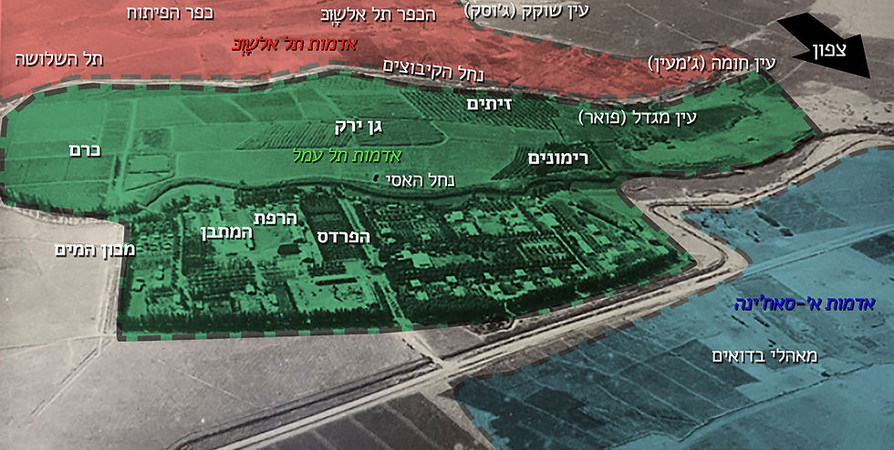 קיבוץ ניר דוד מהאוויר 1946. השטח הירוק בבעלות הקיבוץ. השטח האדמות שייך לכפר תל אלשָוְּכּ. השטח הכחול שייך לכפר א׳-סאח'ינה. ניכר כי בשטח הקיבוץ מתבצעת חקלאות אינטנסיבית הכוללת כרמים, מטעים, שדות, מבני משק חי ועצים רבים. החקלאות בכפרים הערבים הייתה מסורתית וכללה מעט גידולים מושקים בתעלות ובעיקר גידולי בעל, ללא עצים.