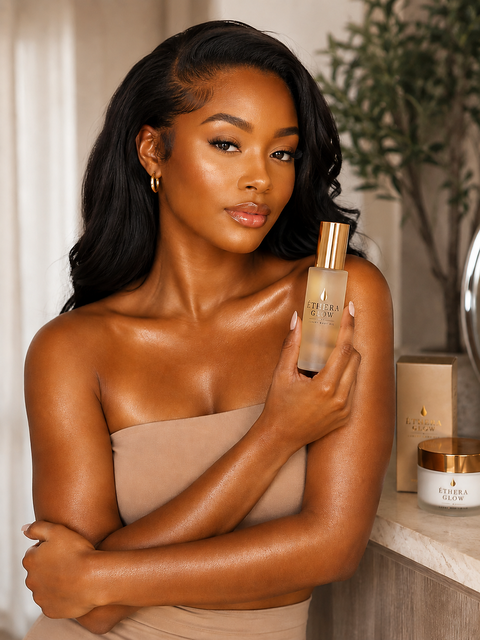 Woman holding luxury beauty products online with glowing skin.