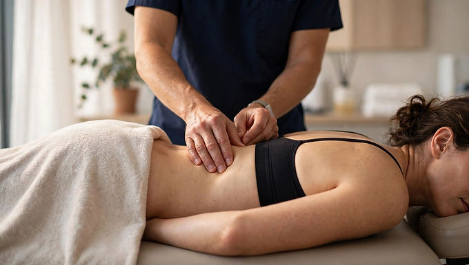 Osteopath's hands treating a patient's lower back in Oakville clinic